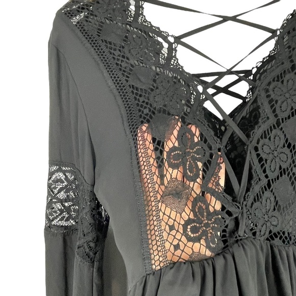 SANDRO PARIS LACE PANEL LONG SLEEVE V-NECK MINI DRESS - Picture 9 of 15
